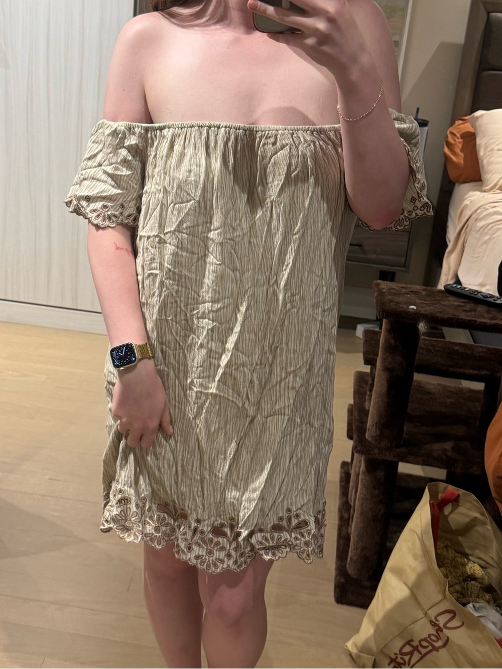 Off-Shoulder Embroidered Hem Mini Dress - Beige